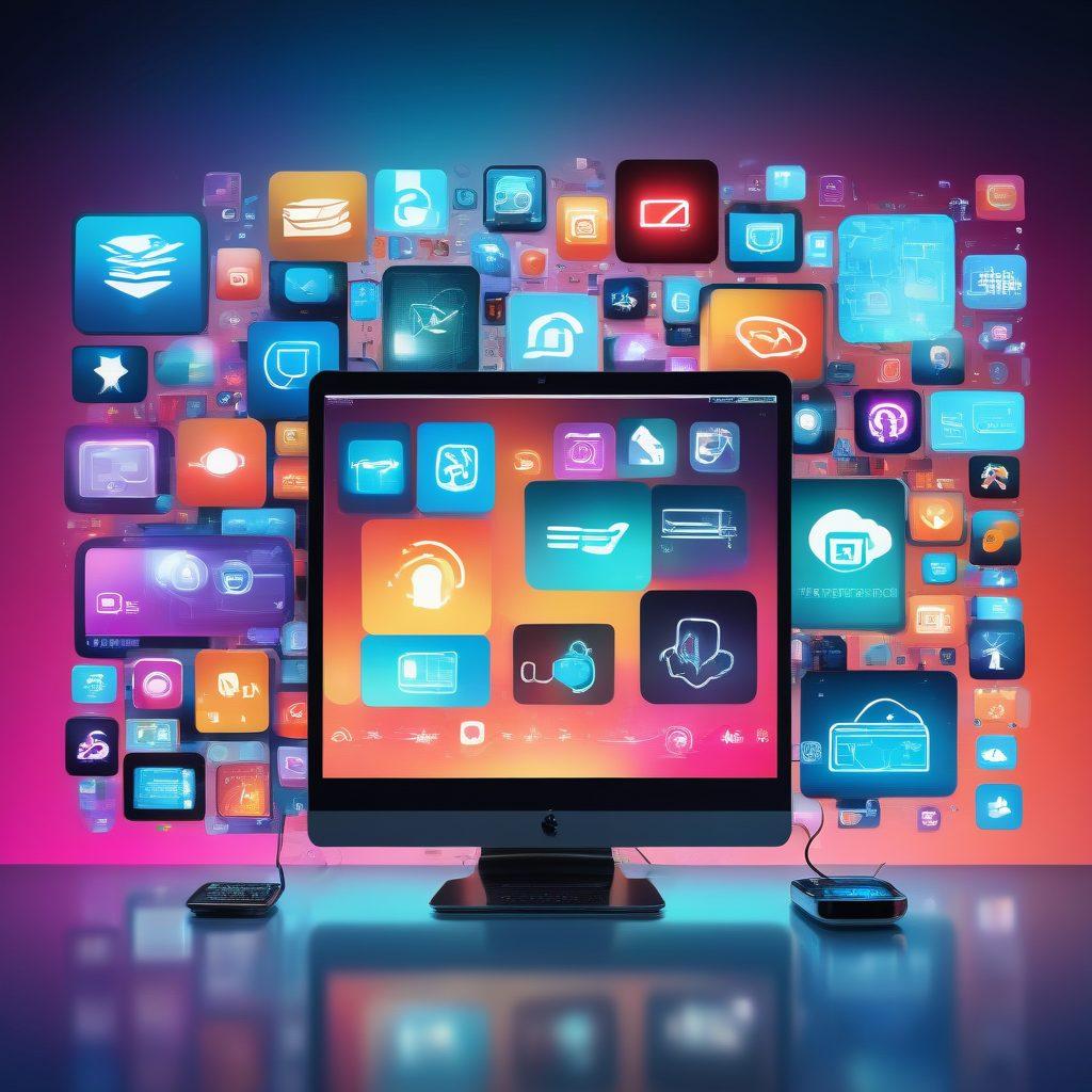 An engaging collage of various high-tech devices like smartphones, tablets, and laptops with vibrant, blurred thumbnails of blurred adult content on the screens, implying discretion. The background should feature a tasteful, futuristic digital theme with streaming icons, ensuring a sophisticated and modern look. The overall atmosphere should be informative yet respectful. vector art. vibrant colors.
