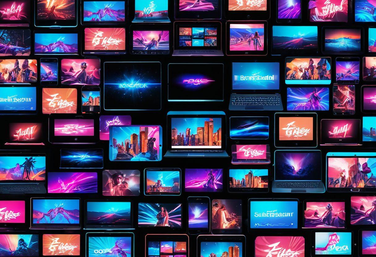 A dynamic collage of various streaming devices (smartphones, tablets, laptops) displaying thumbnail previews of diverse and vibrant adult content. The background subtly features neon lights and a dark, sultry atmosphere to imply exclusivity. Focus on the allure and excitement of streaming. super-realistic. vibrant colors. dark background.